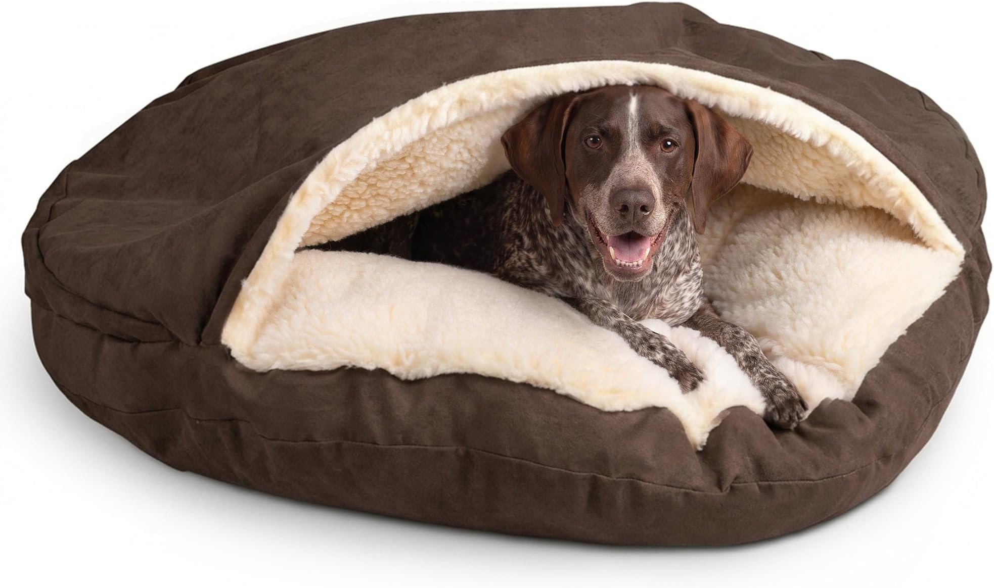 Snoozer Cozy Cave Dog Bed, Round Covered Dog Bed, Hot Fudge (XL) | For medium-large sized pets, Removable washable cover, Calming dog bed with blanket hood, Great for burrowers, USA company