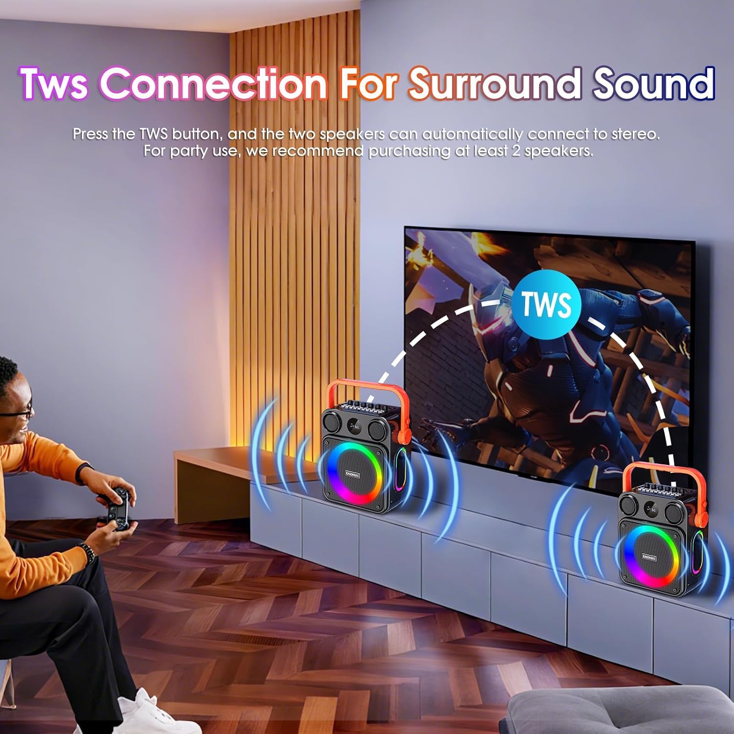 Karaoke-Maschine für Erwachsene, tragbarer Bluetooth-Karaoke-Lautsprecher mit zwei kabellosen Mikrofonen, 3,7-V-Lautsprecher, unterstützt TWS, TF-Karte/USB, AUX-Eingang, REC, Bass und Höhen für
