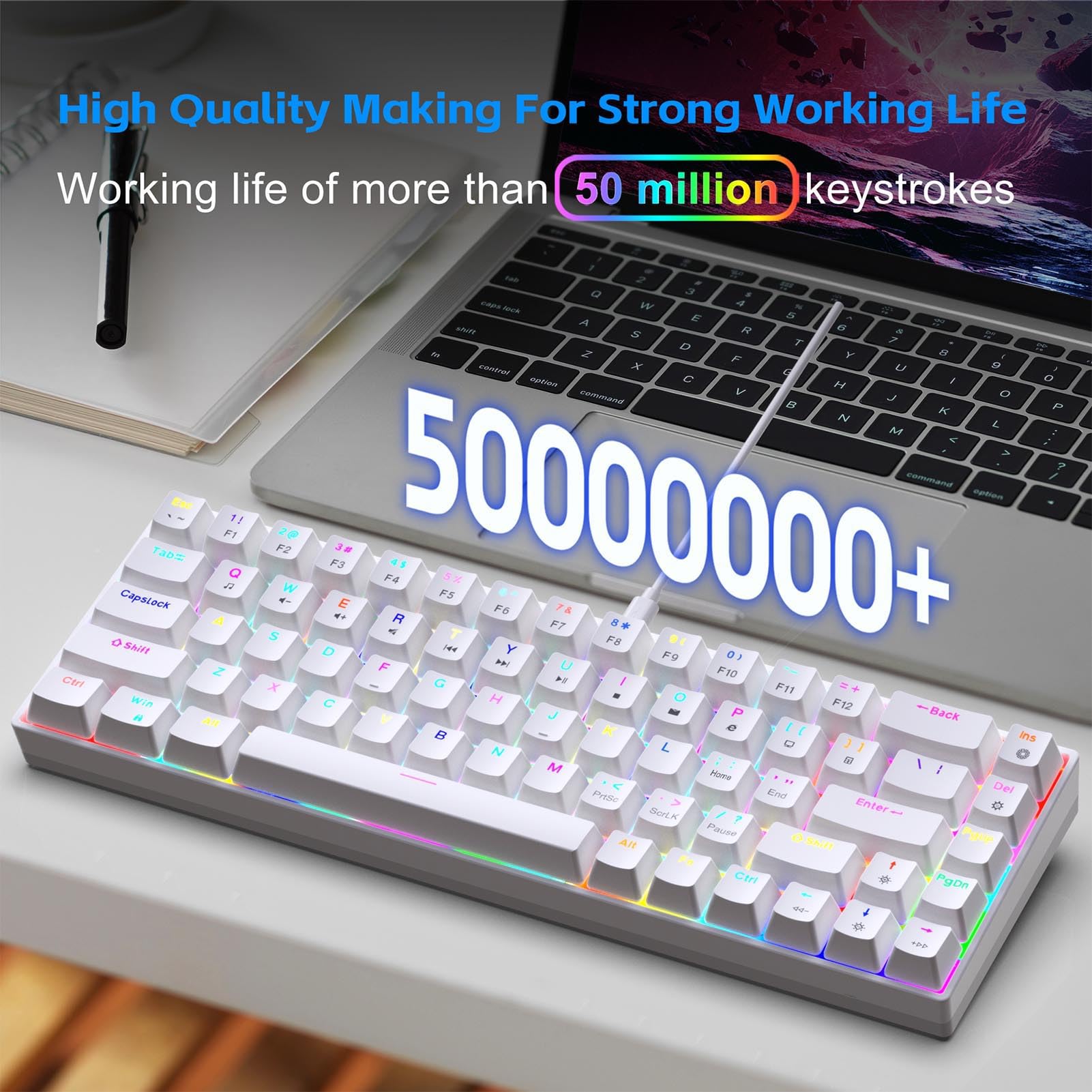 Kompaktowa, 68-klawiszowa, przewodowa mechaniczna klawiatura do gier z podświetleniem RGB i przełącznikami z możliwością wymiany podczas pracy, 60% ultrakompaktowa konstrukcja do (Biały)