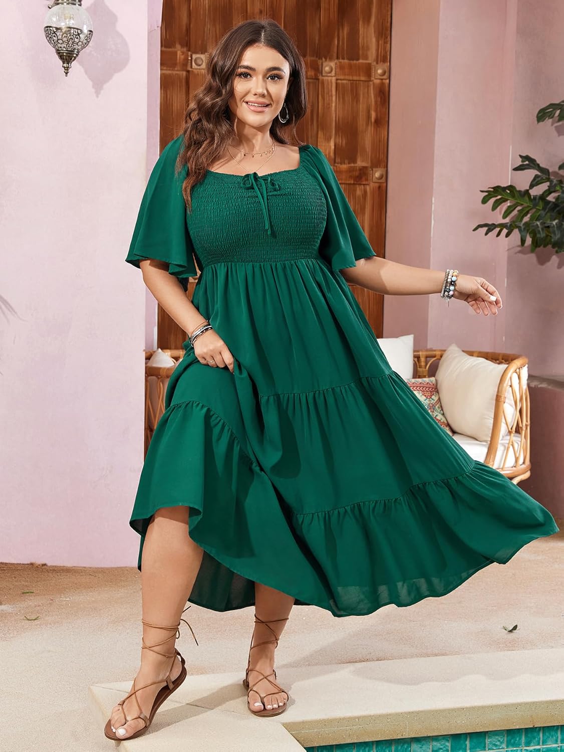 SCOMCHIC Women's Plus Size Flowy Maxi Dress Flutter Short Sleeve Boho Dress Square Neck Smocked Formal Dresses for Women - Image 4
