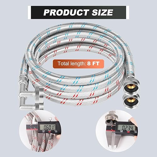 Miniatura 3 de Mangueras para lavadora, mangueras de 8 pies y 90 grados, 2 unidades de acero inoxidable trenzadas de 34 pulgadas, líneas de suministro de agua a