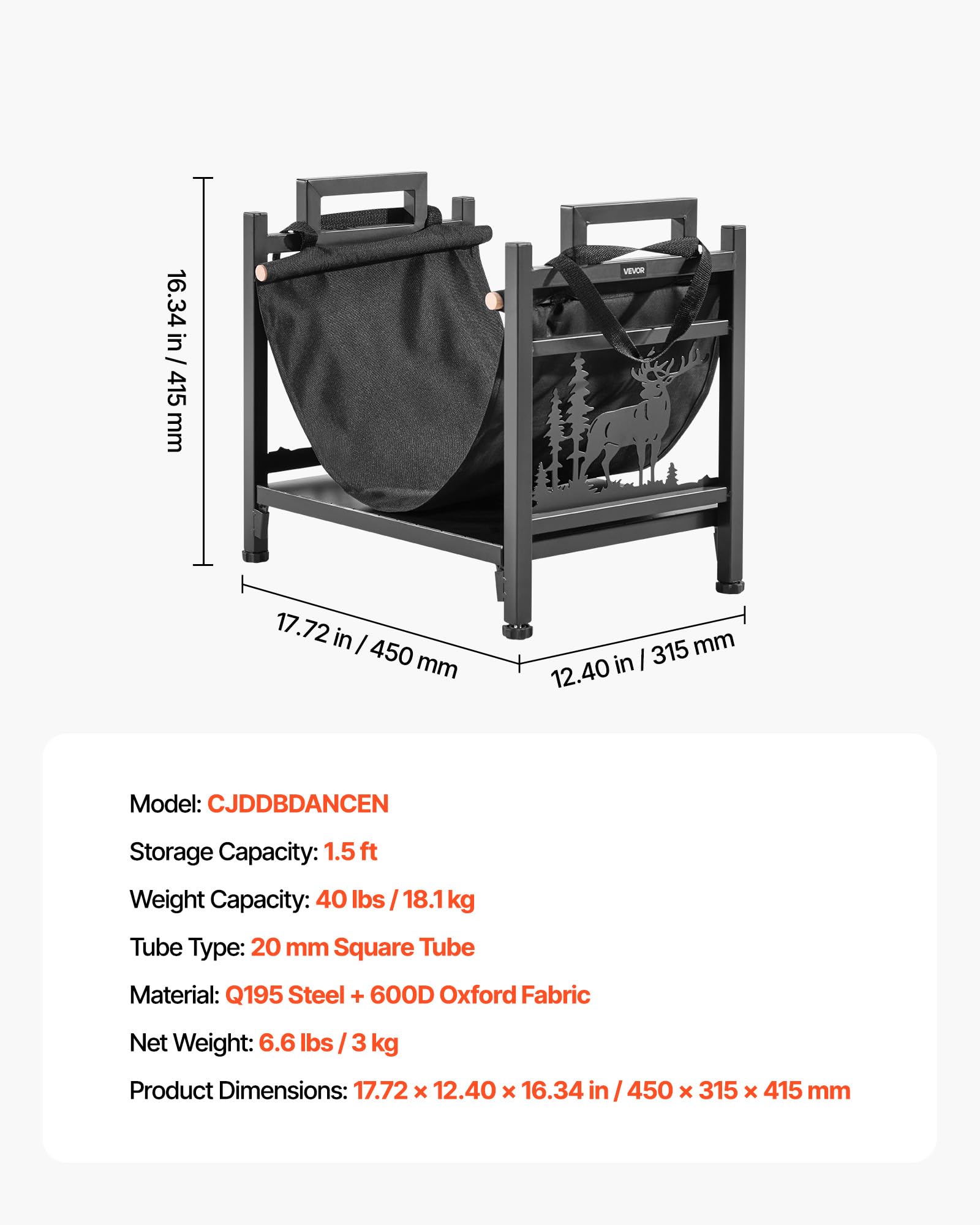 VEVOR Estante de Leña 450 x 315 x 415 mm Marco de Metal con Recubrimiento en Polvo Soporte de Leña Capacidad de 18,1 kg con Portador de Transporte de Lona Leñero Resistente para Chimenea, Negro