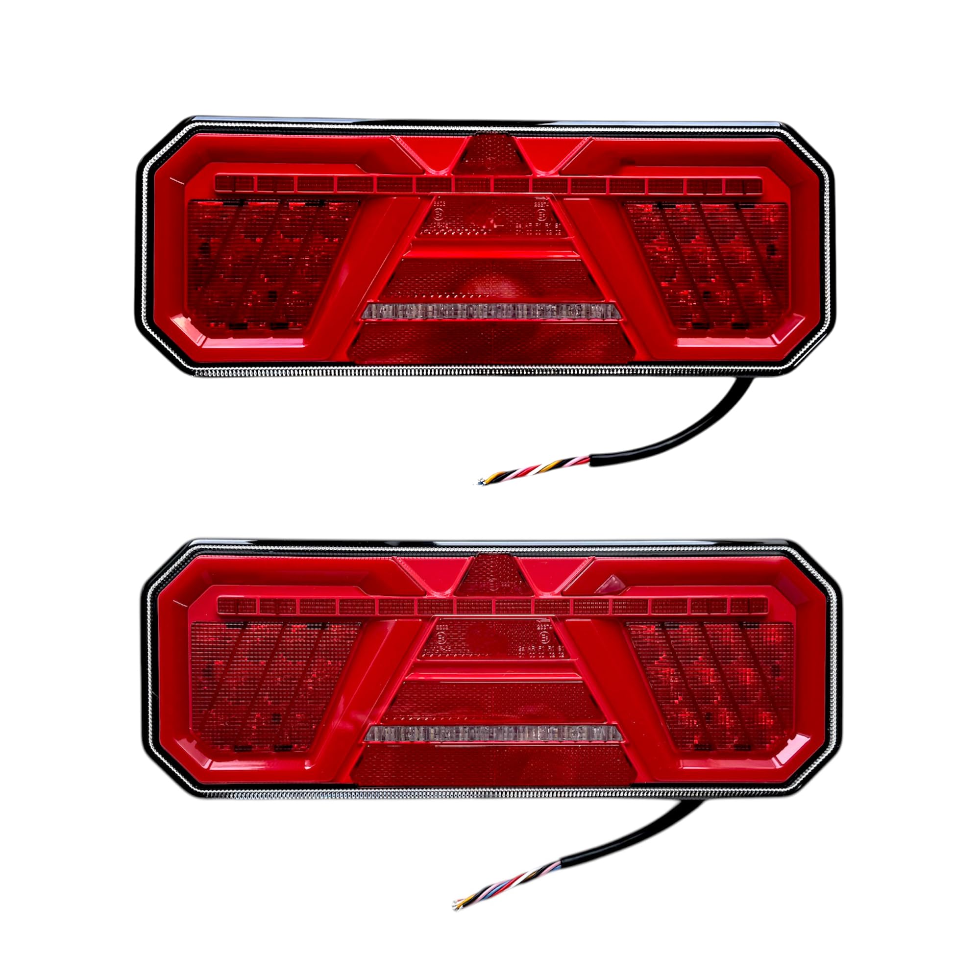 Juego de Pilotos Traseros LED para Remolque y Camión, 6 Funciones, Intermitente Dinámico Secuencial, Efecto Neón, 12V 24V, Homologado E9 ECE, 350mm (Par Izquierdo + Derecho)