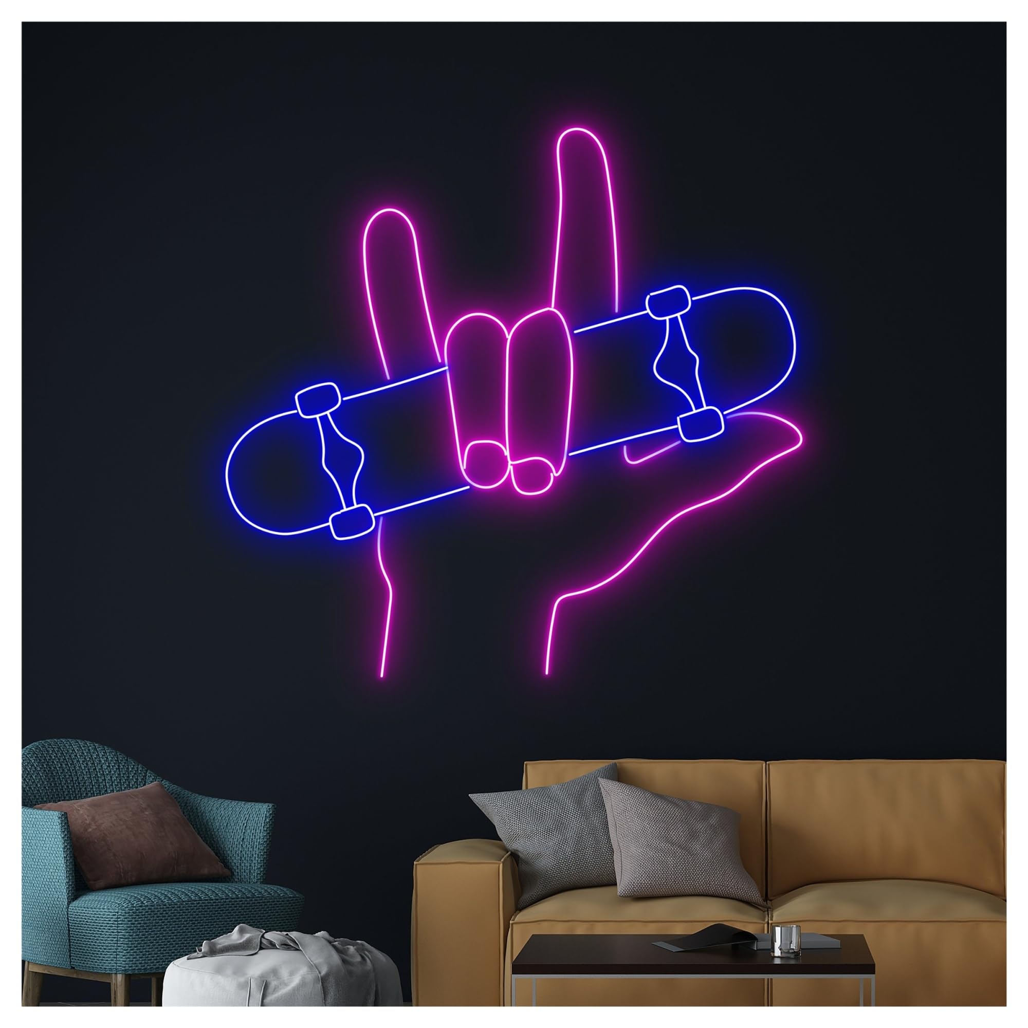 Wiszące neony artystyczne Neon Z Napisem "Skateboarding Love Hand" Motywem Deskorolkarza, LED Light, Dekoracja Ścienna Do Pokoju Klubowego, 55cm