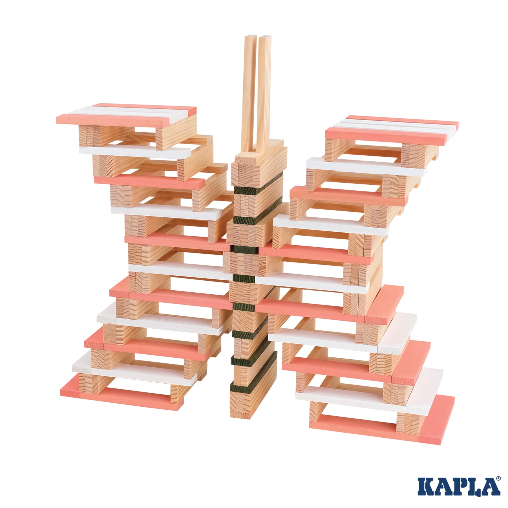 KAPLA Baril Printemps 200 planchettes colorées (Vertes Roses et Blanches), Jeu en Bois, Jeu de Construction, dès 2 Ans