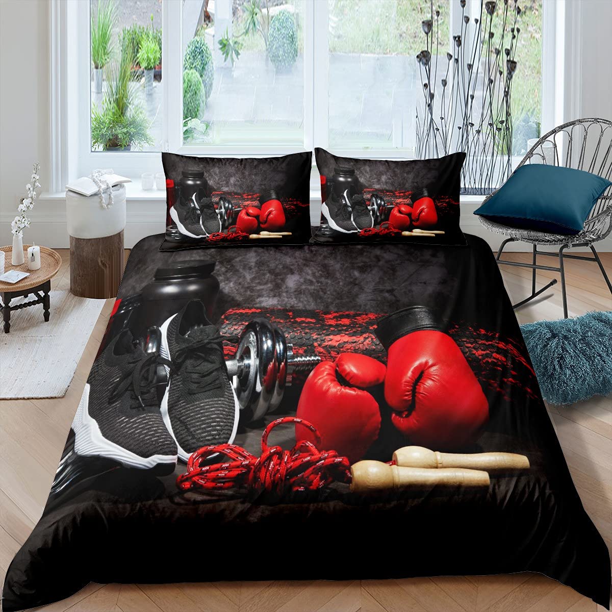 Homewish Boxen Bettwäsche Set 135x200 für Jungen Teens Mann Fitness Sport Thema Trösterbezug Boxhandschuhe Hantel Bettbezug Dekorativer 2-teiliger Bettbezug mit 1 Kissenbezug Dunkelgrau