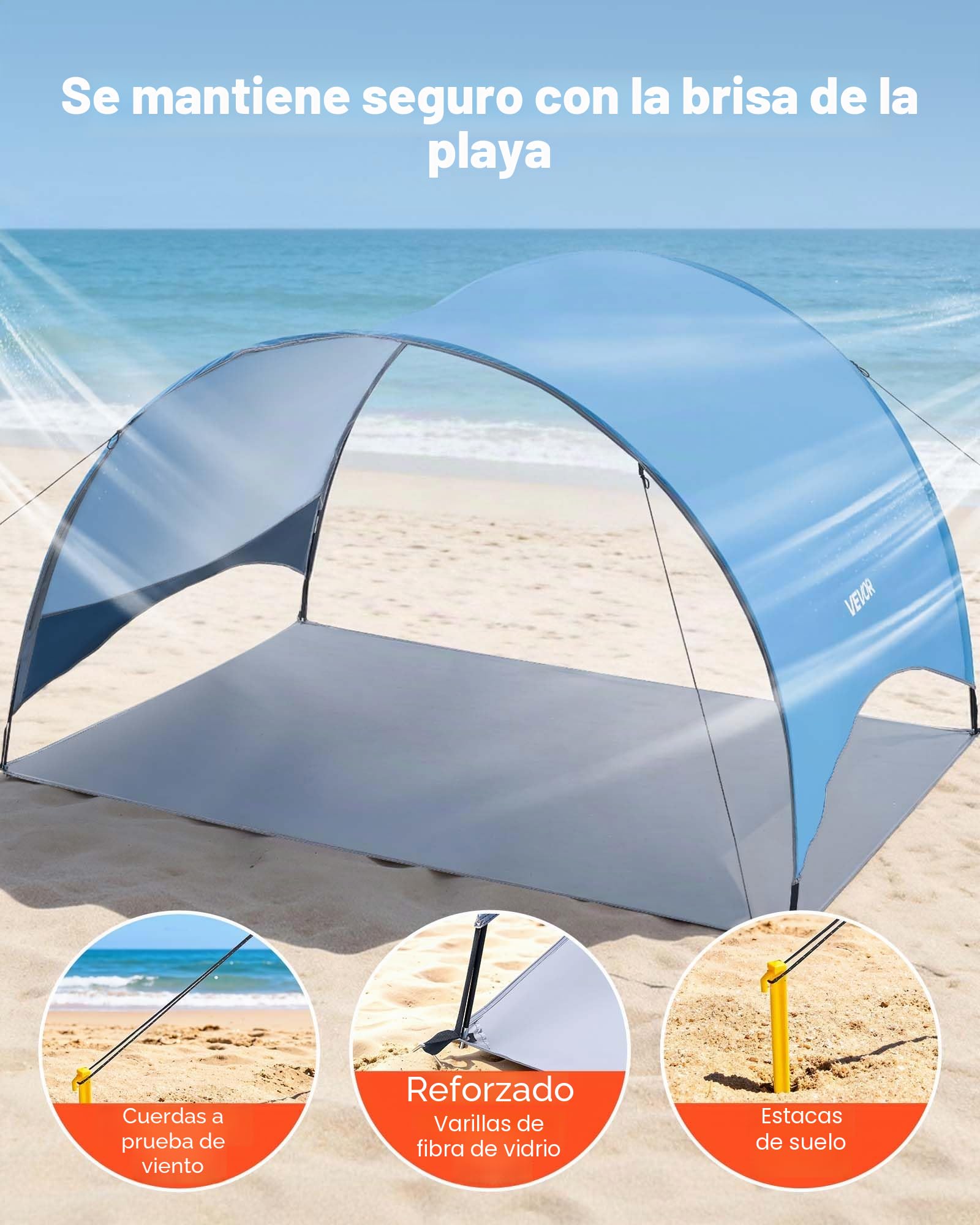 VEVOR Tienda de Playa para 3 Personas 230 x 148 x 137 cm, Carpa de Refugio de Sol Protección UPF 50+, Carpa Portátil de Playa con Bolsa de Transporte y Estacas, para Picnics, Camping, Pescar, Azul