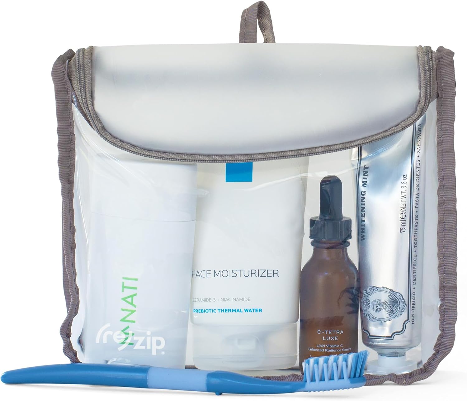 (re)zip Zippered TSA-Compliant Travel Quart Bag | Zippered, Reusable, Storage Bag for Toiletries, Makeup, Suitcase Organization | BPA-Free, Food Grade, Machine Washable (Clear, Gray Piping)