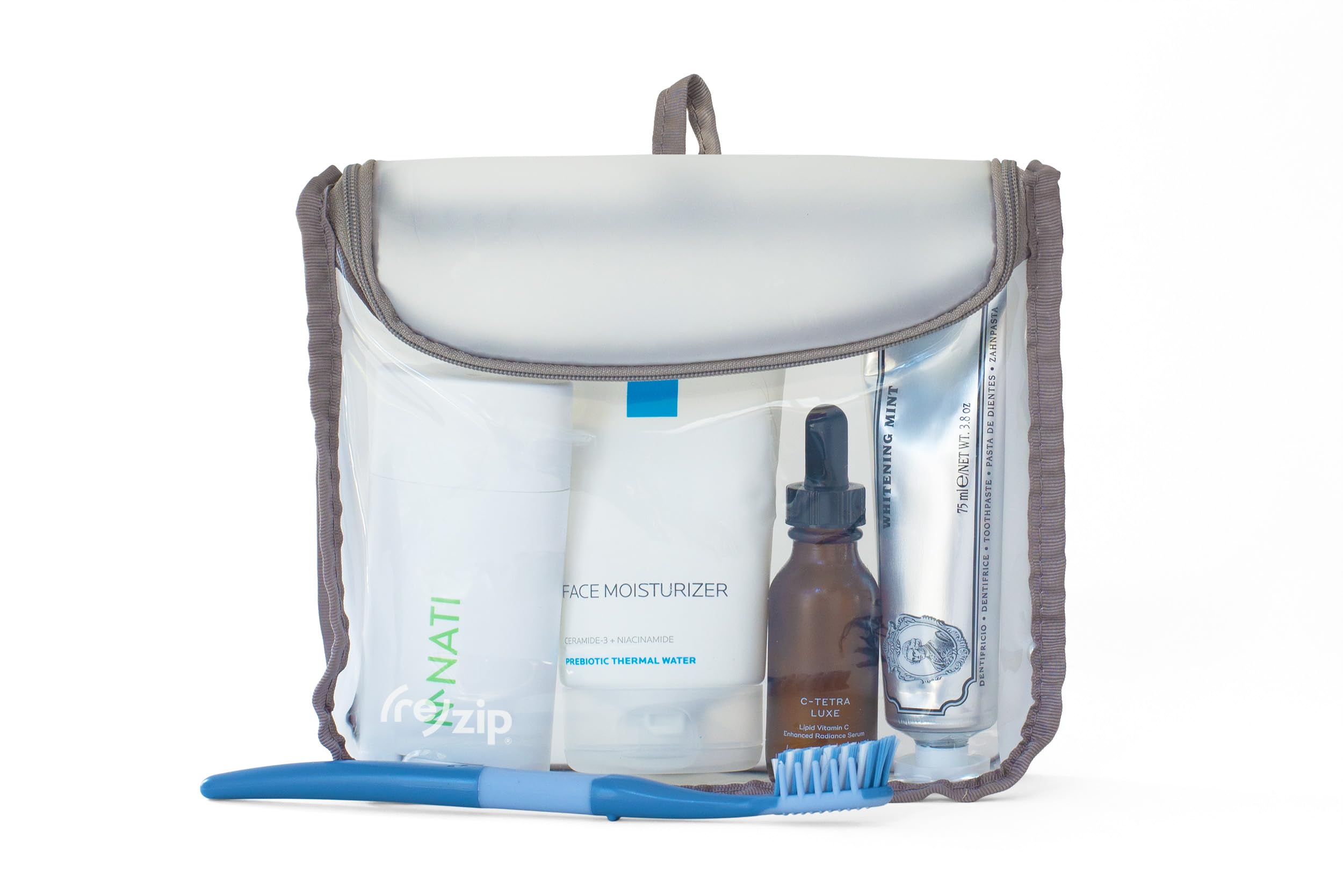 (re)zip Zippered TSA-Compliant Travel Quart Bag | Zippered, Reusable, Storage Bag for Food, Toiletries, Makeup, Suitcase Organization | BPA-Free, Food Grade, Machine Washable (Clear, Gray Piping)