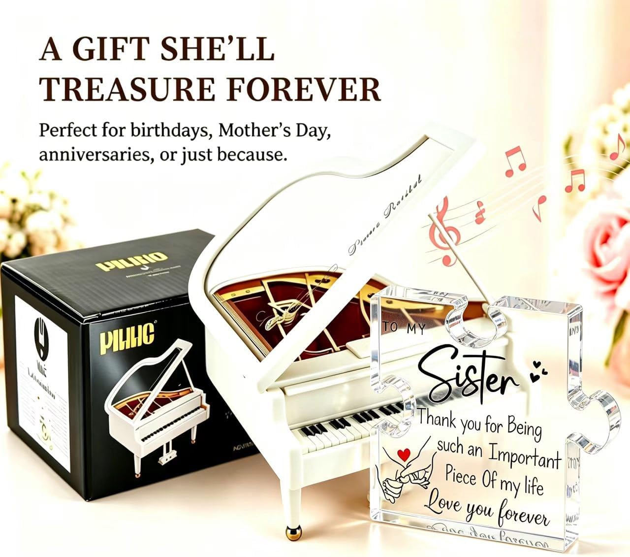 Udaney Piano Music Box & to My Sister Plaque Ornament - Sentimental Birthday, Christmas Keepsake Gift for Sister from Brother or Sister, Elegant Desktop Decor Present