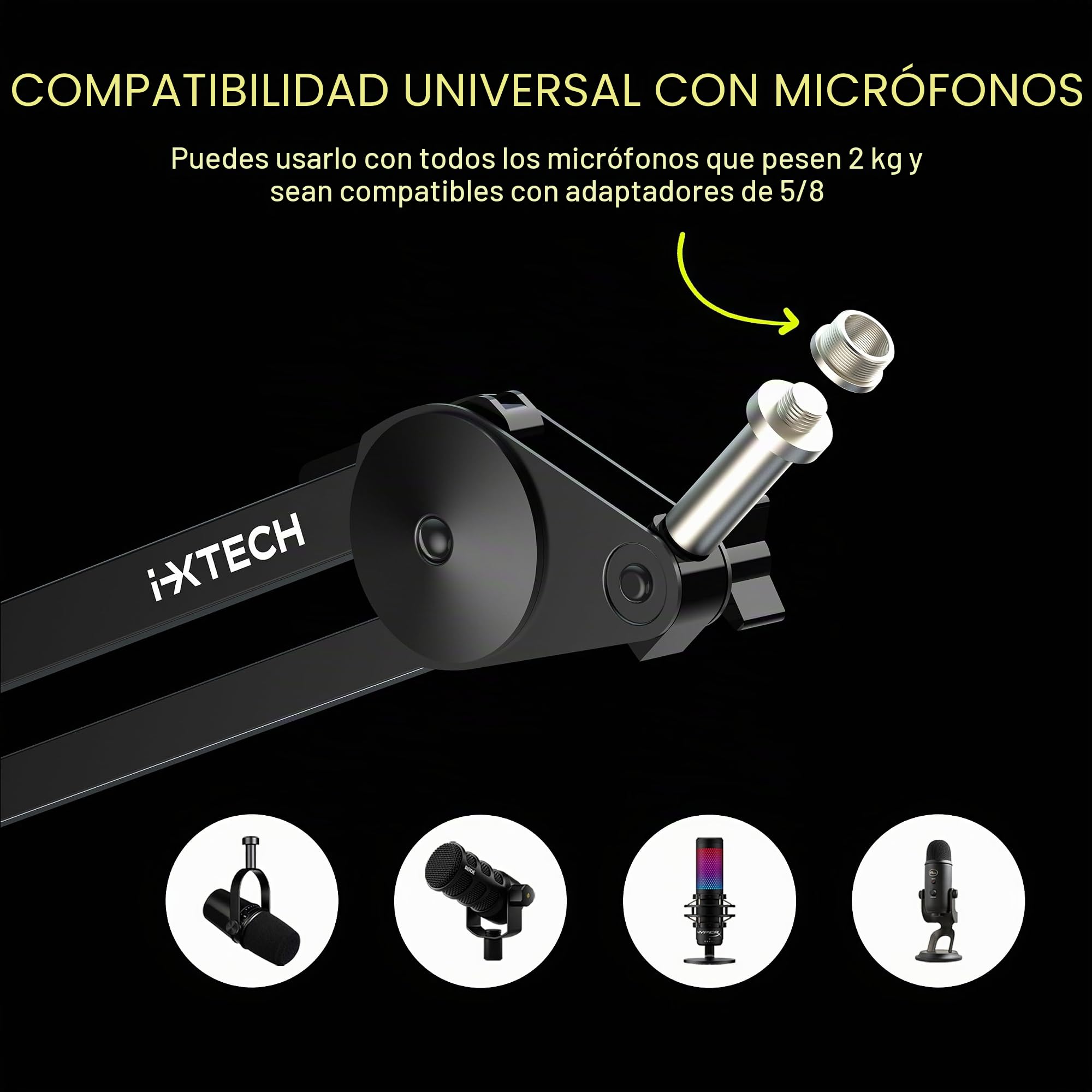 IXTECH Soporte de Brazo para Micrófono, Ajustable y Resistente con Bridas para Cables, Montaje en Escritorio para Juegos, Transmisión, Podcasting (Grande)