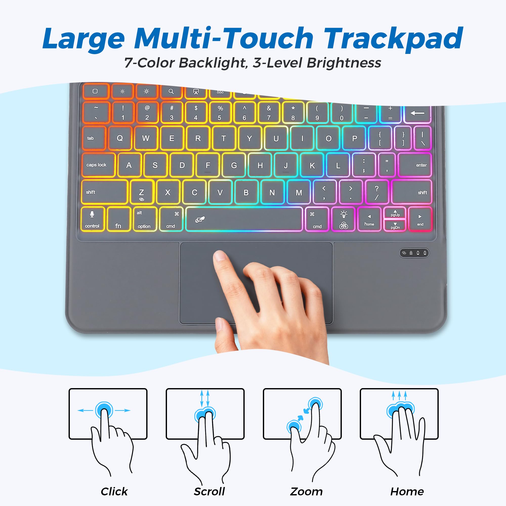 QUARK Tastaturhülle für iPad Pro 13 Zoll (M5/M4, 2025/2024), magnetische, abnehmbare Tastaturhülle mit verstellbarem Ständer, 7 Farben hinterleuchtete Tasten mit Trackpad, Grau