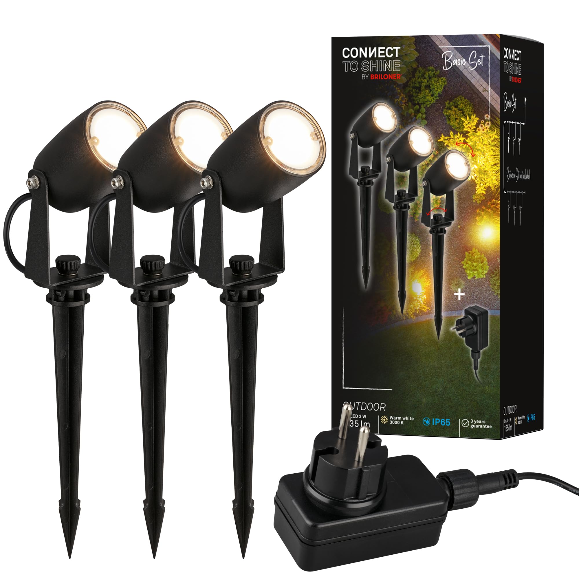Système Connect to Shine BRILONER 3 spots LED IP65 12V noir pour jardin