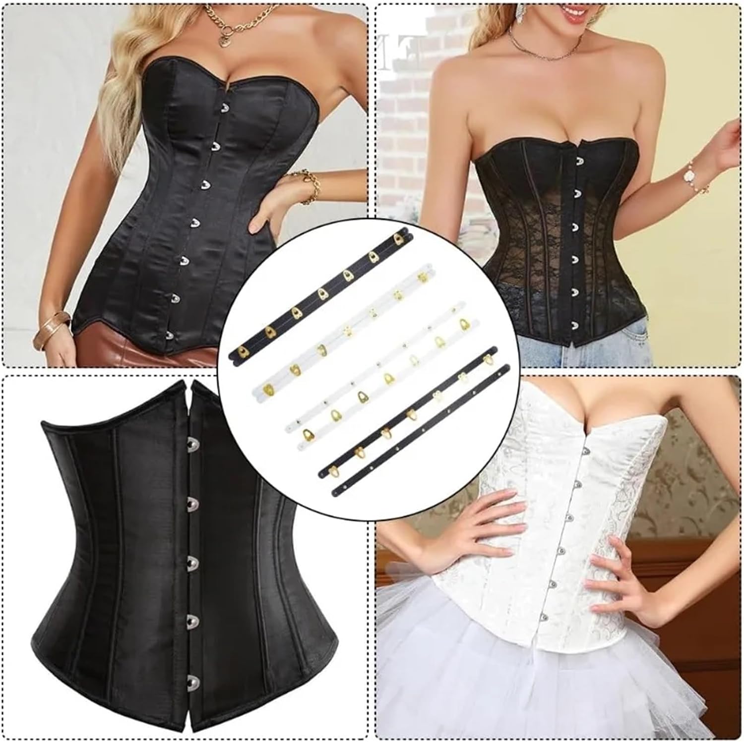 Boning for Corset Making 8 Pairs Corset Busk Buttons Black & White Steel Bones 350mm 7 Buckle Stainless Button Spoon(Black)