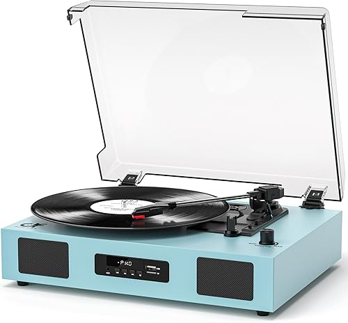 Reproductor de discos de vinilo vintage inalámbrico Bluetooth con altavoces mejorados, grabación USB, reproductor LP con transmisión por correa de 3