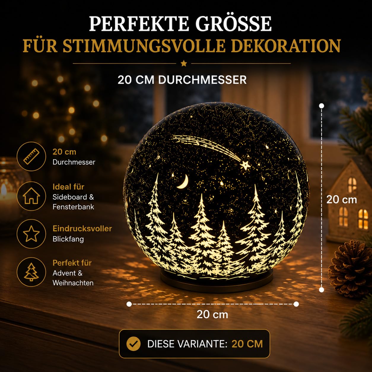 formano Świecąca kula LED, zimowa noc, 20 cm, obracana z timerem, spadająca