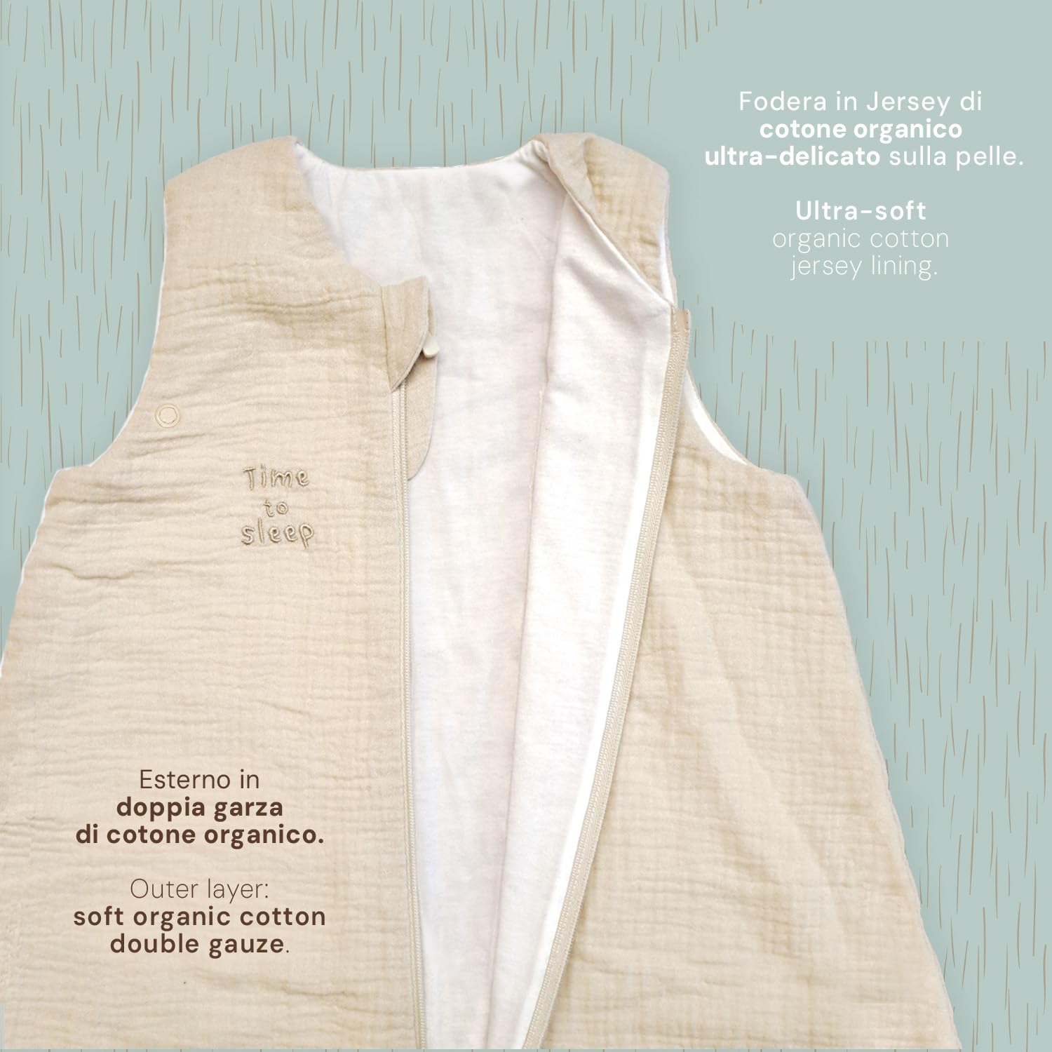 PERLETTI Gigoteuse TOG 1.0 Été Printemps en Coton Bio - Turbulette Bébé Sans Manche avec Fermeture Éclair - Sac de Couchage Doux Nouveau-Né Garçon Fille Léger