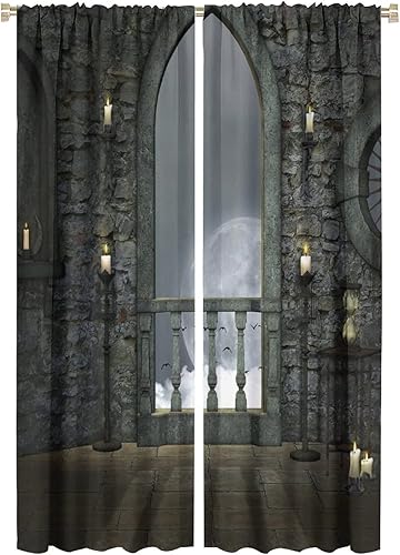 Cortinas góticas de luna llena, pájaro, fantasía, castillo antiguo, balcón, velas encendidas, decoración de arte nocturno, sala de estar,