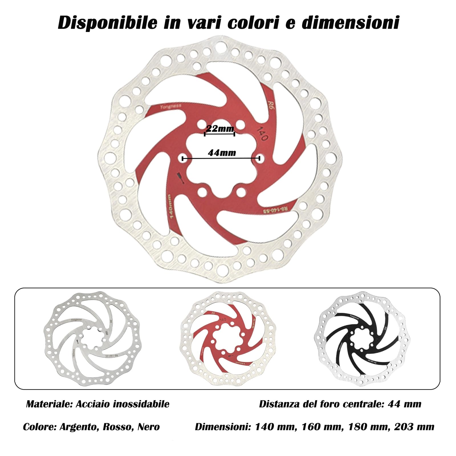 Disco Freno Bici Da 203mm In Acciaio Inox - Rosso, Per MTB, Strada, BMX - Con 6 Viti - Foto 3