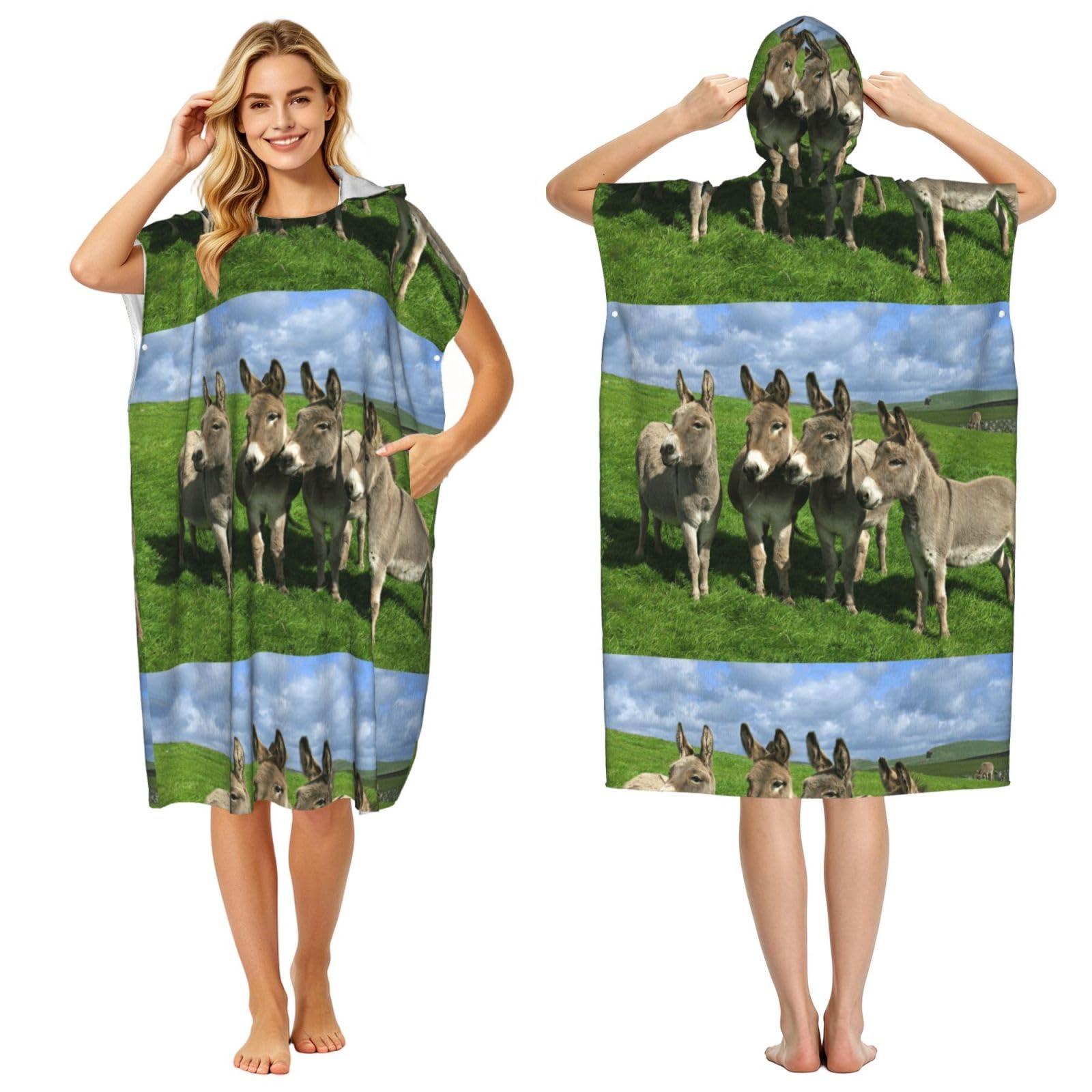 Poadnly Small Donkey Meadows, Adult Hooded Beach Towel 90 x 110 cm,Changing Bath Robe, Surf Poncho Towel For Women Men