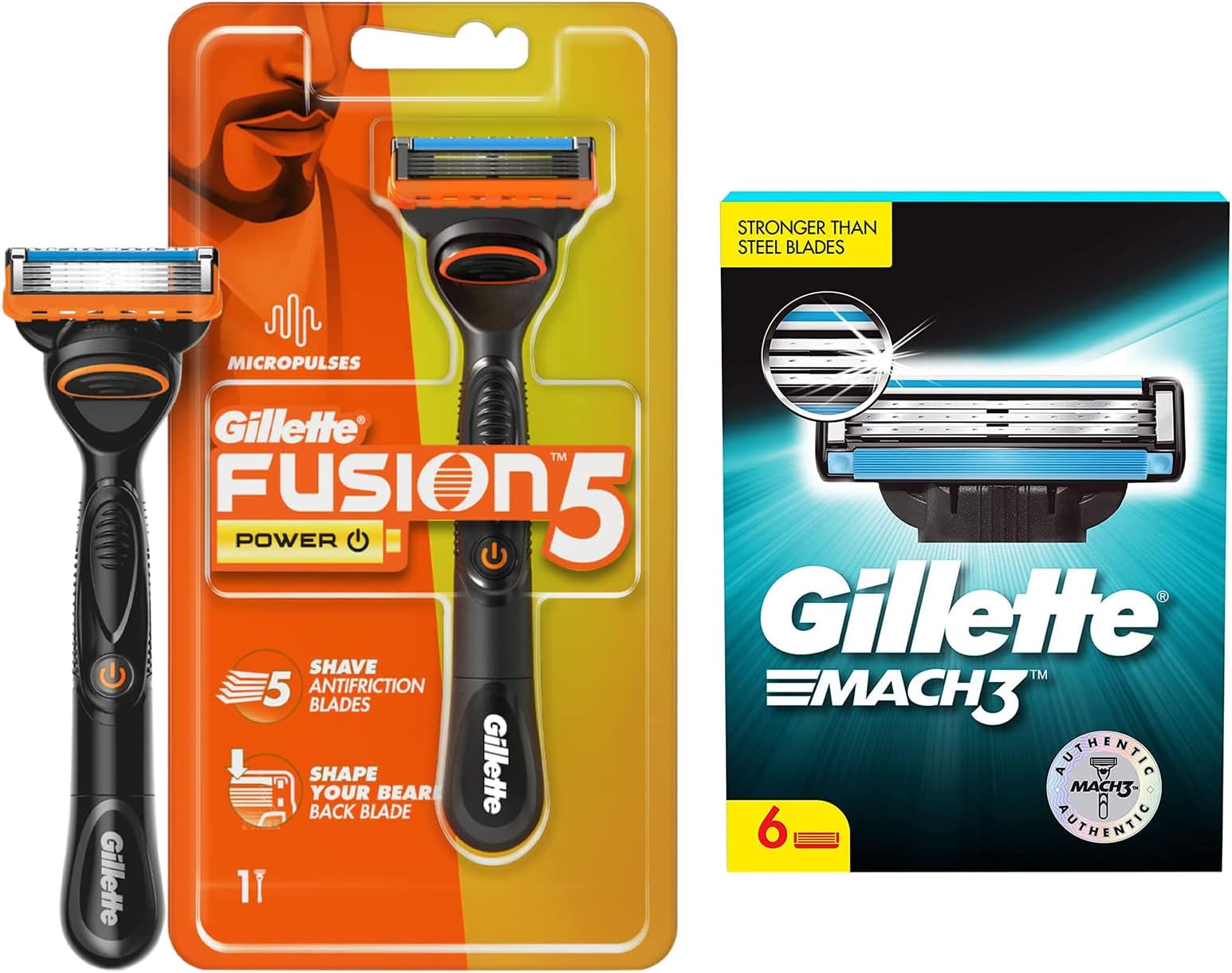 Mach 3 Shaving Blades- Pack of 6 (Cartridges) & Gillette Fusion Power Razor for Men for Perfect Shave and Perfect Beard Shape