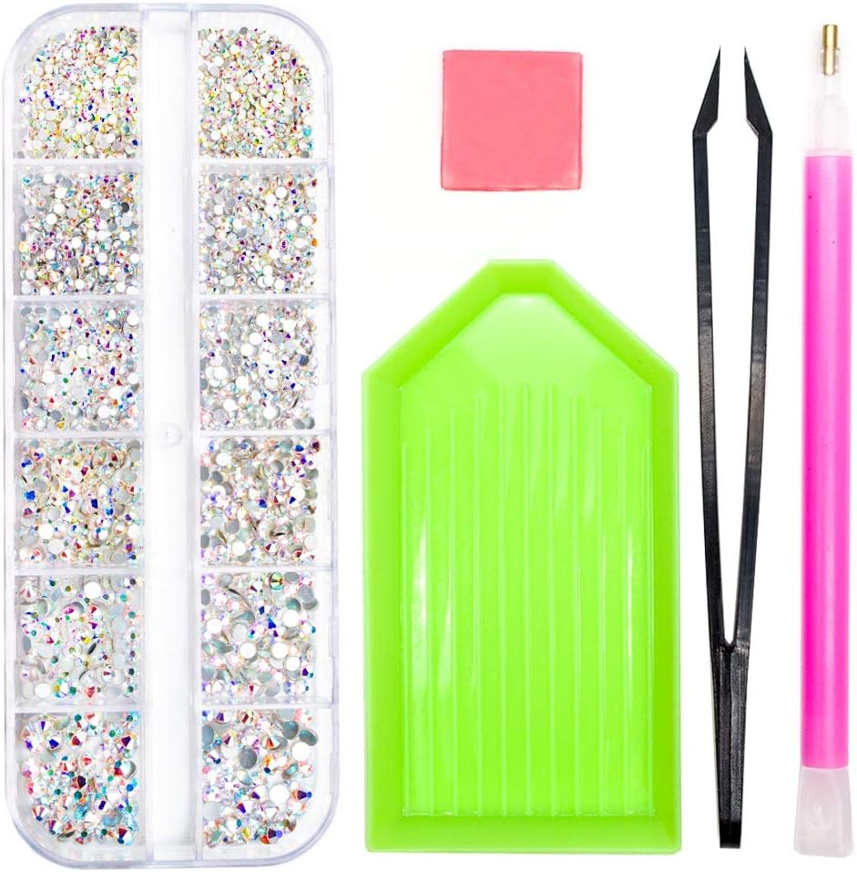 2320 Pieces Crystals Glass AB Nail Art Rhinestones, SS4/5/6/8/10/12 Mixed Nail Gems Stones, Flat Back Round Nail Diamonds with Storage Organizer Box/Picker Pencil/Tweezers for Face Clothes Shoes Decor