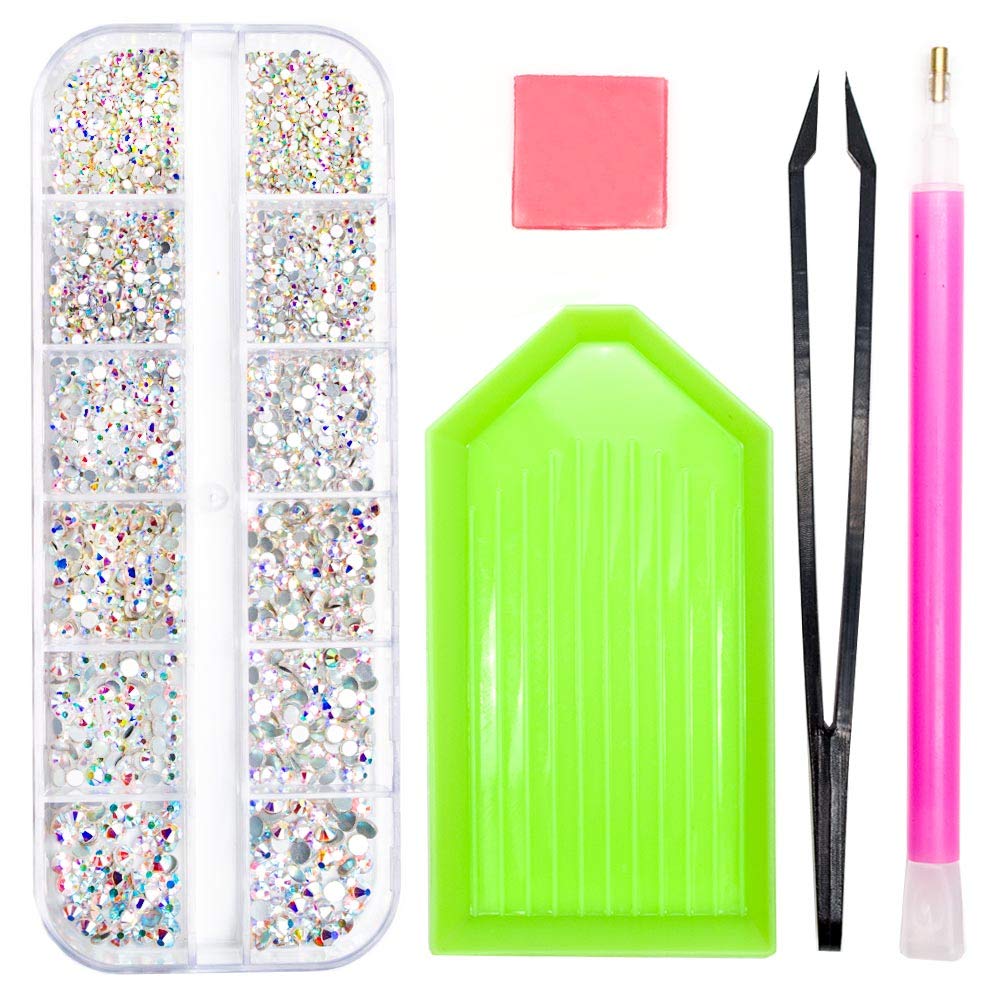 2320 Pieces Crystals Glass AB Nail Art Rhinestones, SS4/5/6/8/10/12 Mixed Nail Gems Stones, Flat Back Round Nail Diamonds with Storage Organizer Box/Picker Pencil/Tweezers for Face Clothes Shoes Decor : Beauty & Personal Care