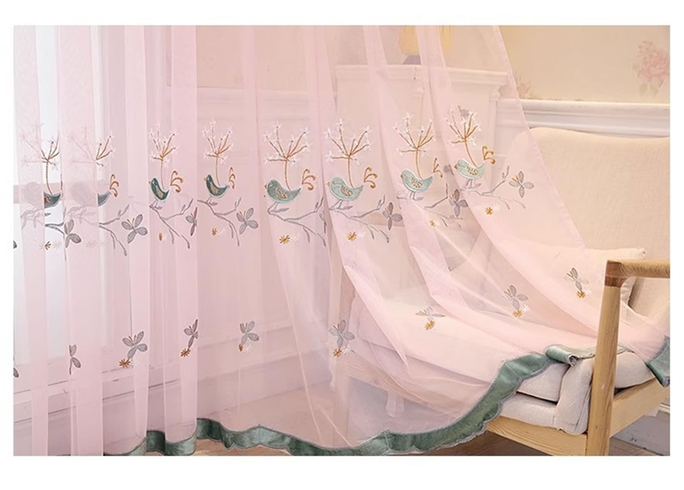 Rideaux Voilage Rose, Rideaux Chambre Polyester Motif D'Oiseau Brodé de Dentelle 2 Pièces LxH 107x214cm