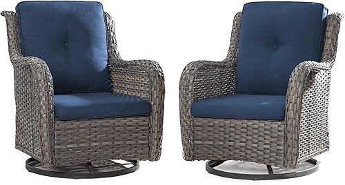 MeetLeisure Juego de 2 sillas giratorias para patio al aire libre, sillas deslizantes giratorias de mimbre para exteriores, 2 piezas con cojines de