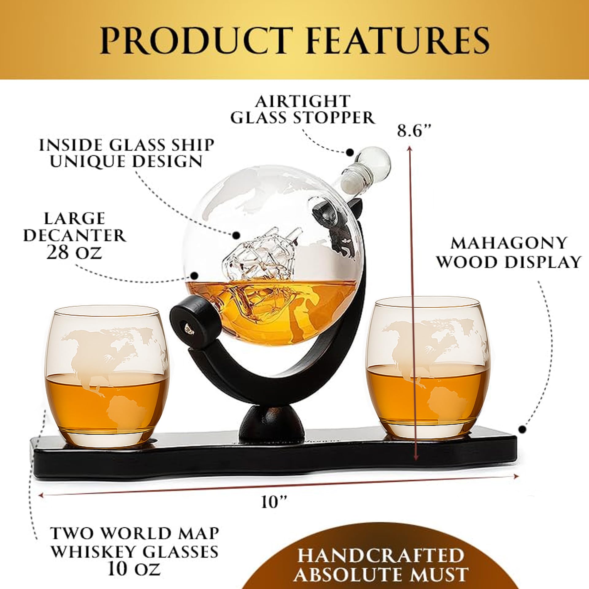 Cadeaux pour papa, hommes Carafe à whisky et à vin Globe World Set avec verres globe Anniversaire Réchauffement de la maison pour liqueur Scotch Bourbon Vodka, Cadeau pour lui - 850 ml