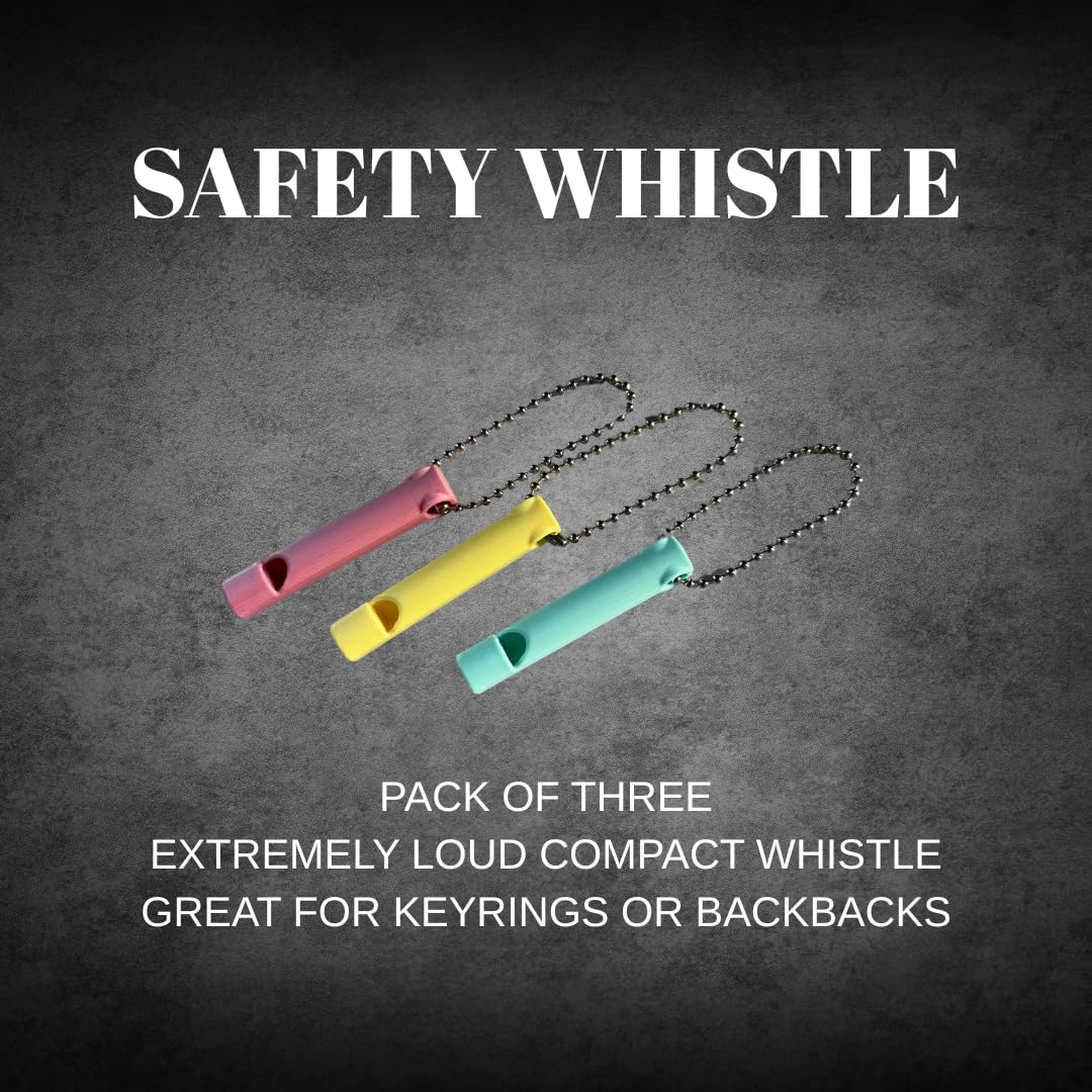 Safety Whistle with Chain, Pack of 3, Compact Loud Emergency Whistles for Keyrings and Backpacks, Pink Yellow and Blue