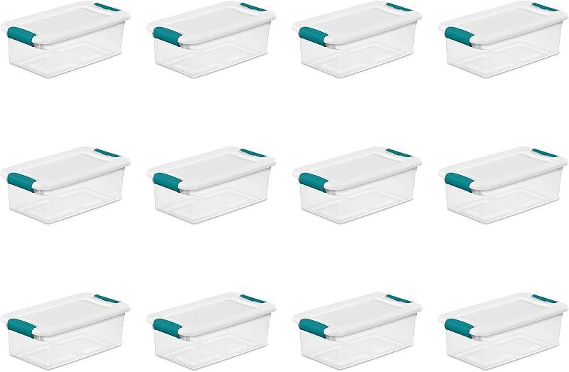 6 Quart Latching Box, Small Clear Plastic Storage, White, 12 Pack