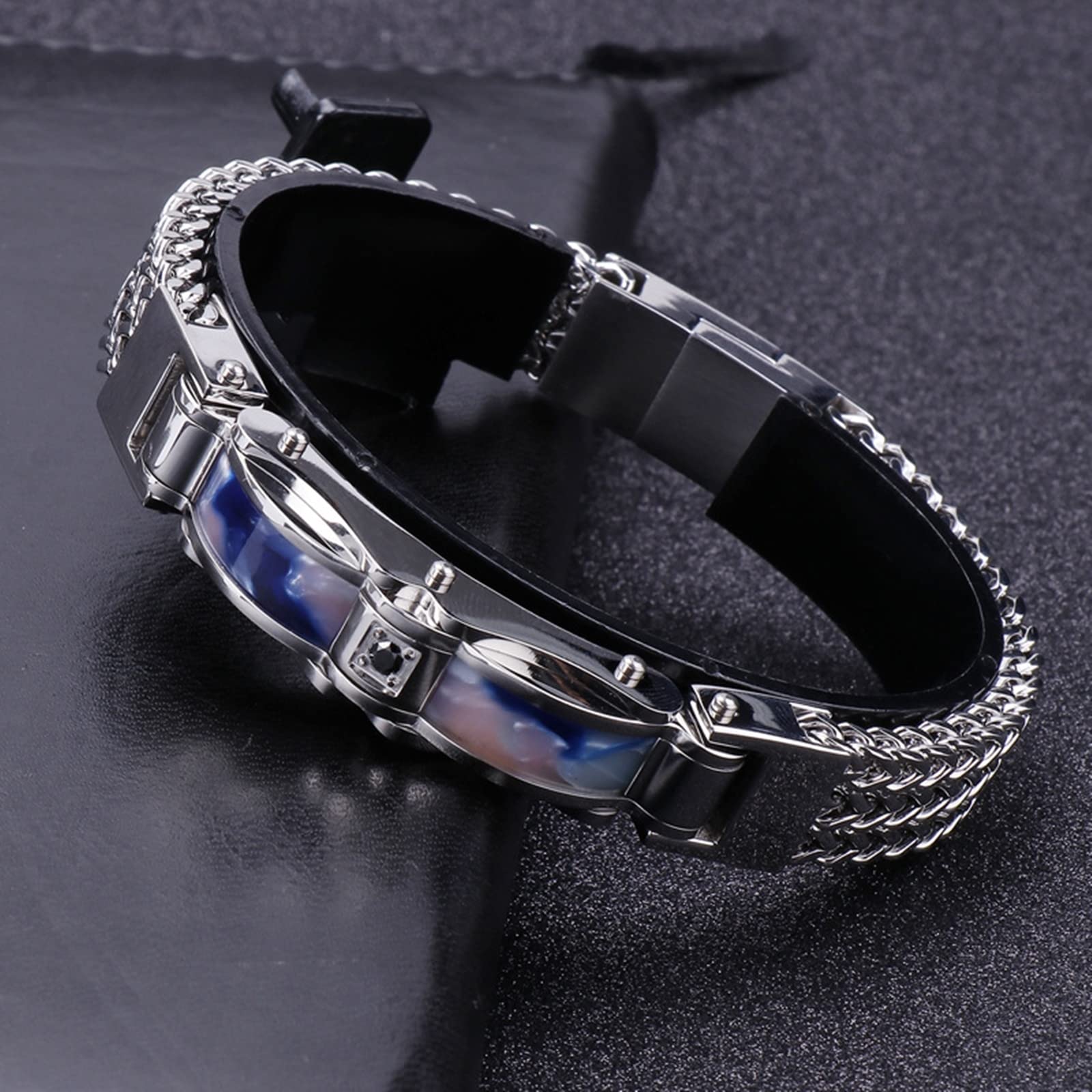 Bracelet Homme Argent Marron Foncé， Bracelet Cuir Homme Tissage de Quille Acier Inoxydable Bracelets Jonc