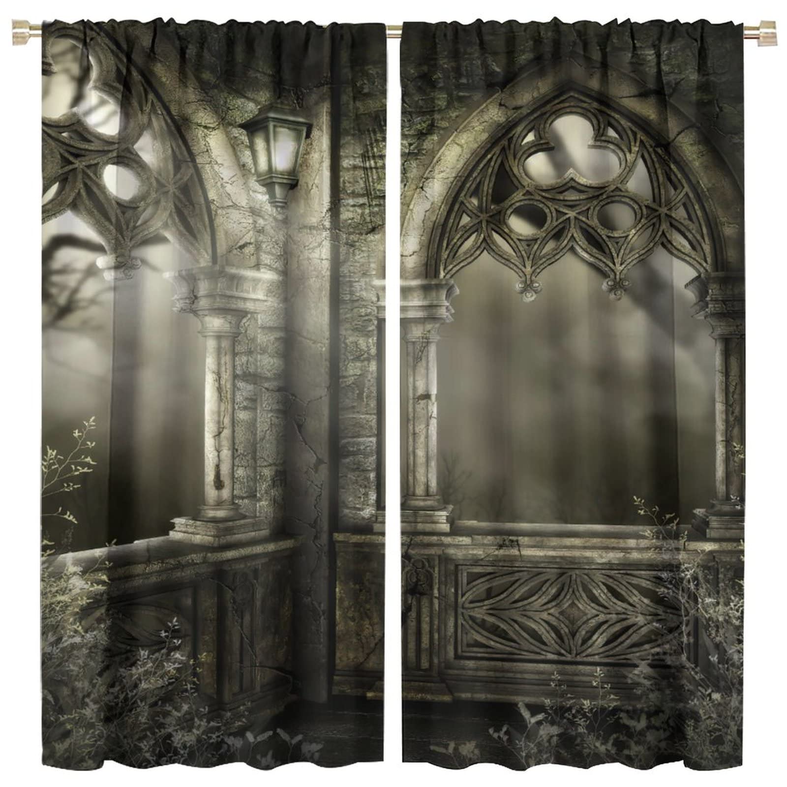 Gothic Arch Curtains, Romantic Castle Mid-Century Style Room Darkening Window Rod Pocket Curtain for Living Room Bedroom Bathroom W42xL45in
