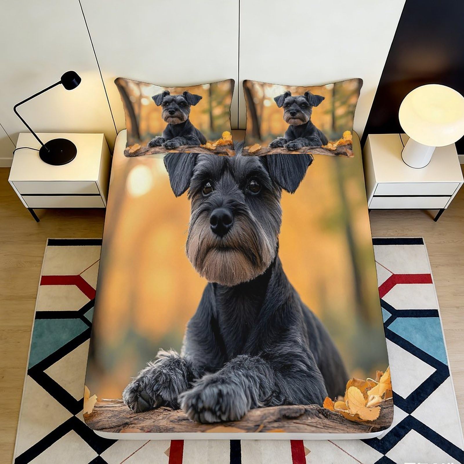 3D Printed Schnauzer Dog Fitted Sheet Microfiber Soft Breathable Autumn Forest Bed Cover for Bedroom Guest Room 90x200x25cm