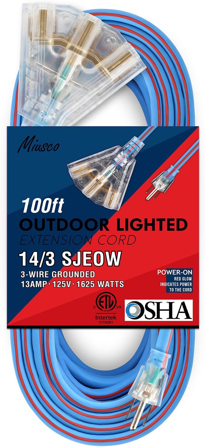 Miusco Extreme Weather 100 ft 14 Gauge Heavy Duty Outdoor Extension Cord, 14/3 SJEOW, Triple Outlet, Lighted Plug