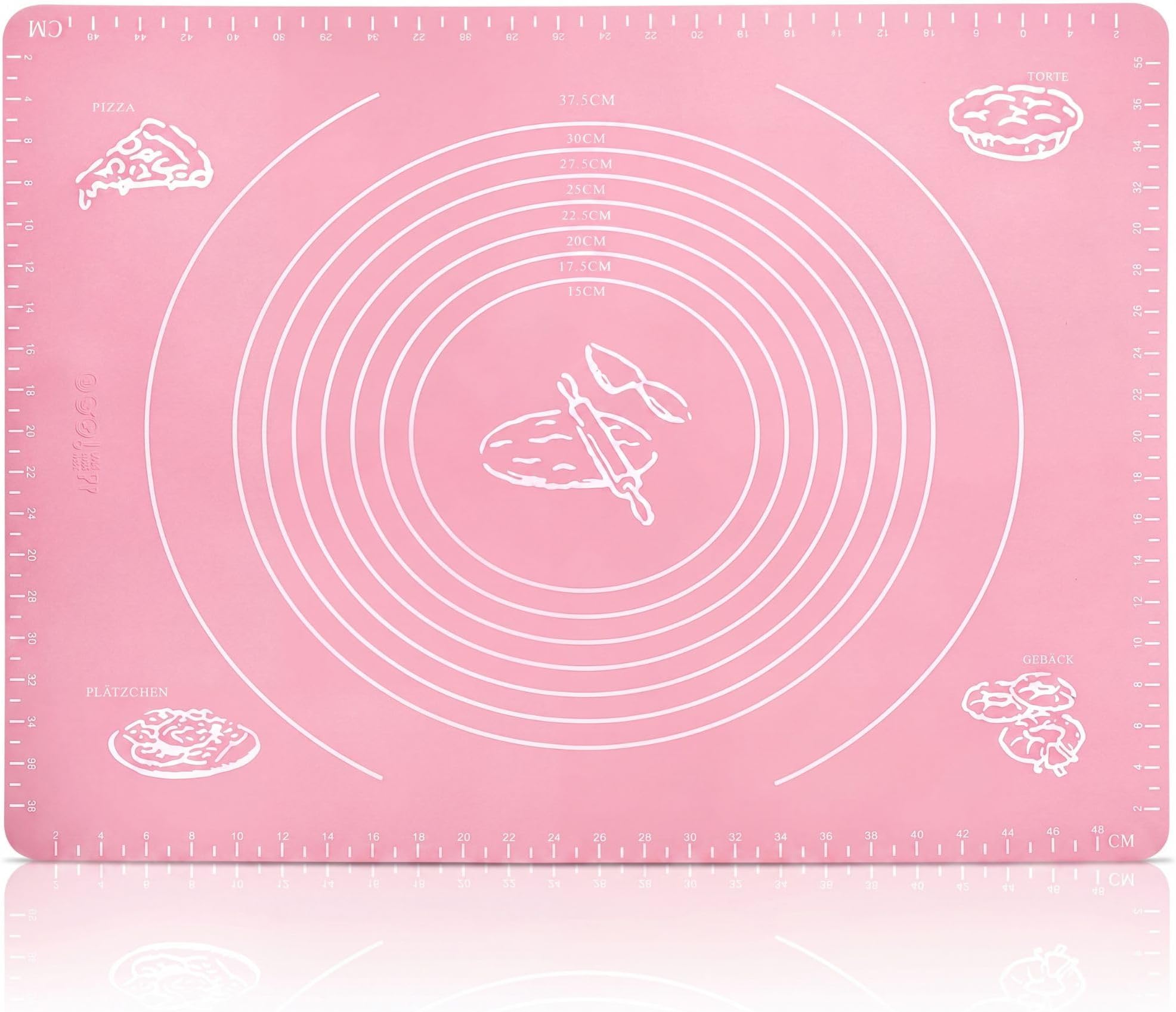 Large Dough Mat, Silicone Rolling Mat, Heat Resistant, Baking Mat for Pizza, Fondant, Baking, Kitchen 50x40cm Pink