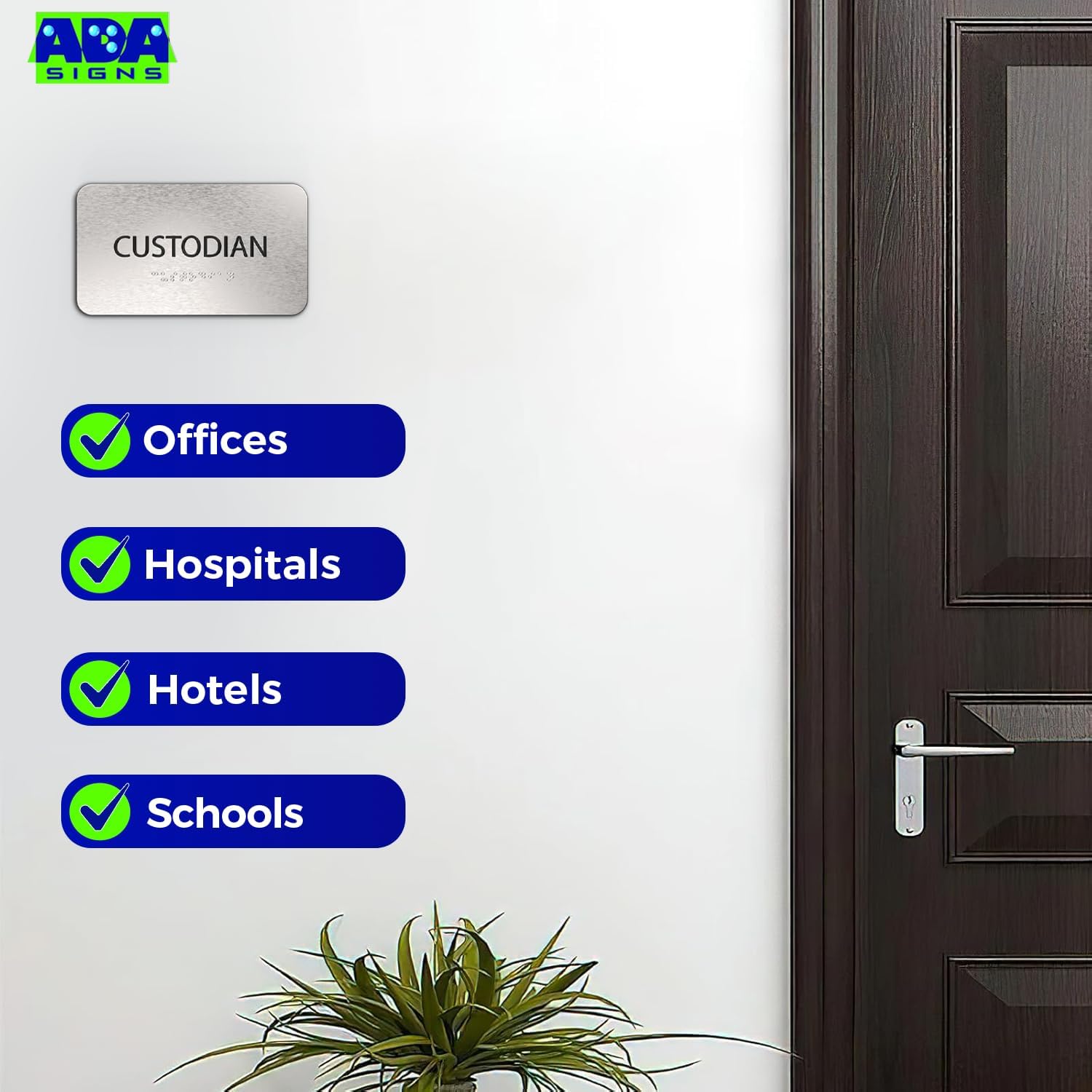 ADASigns Custodian Closet Sign 7" W x 4" H Durable Brushed Aluminum with Grade 2 Braille - Easy Installation with Adhesive Double Sided Tape - ADA Compliant Custodian Sign for Office & Businesses
