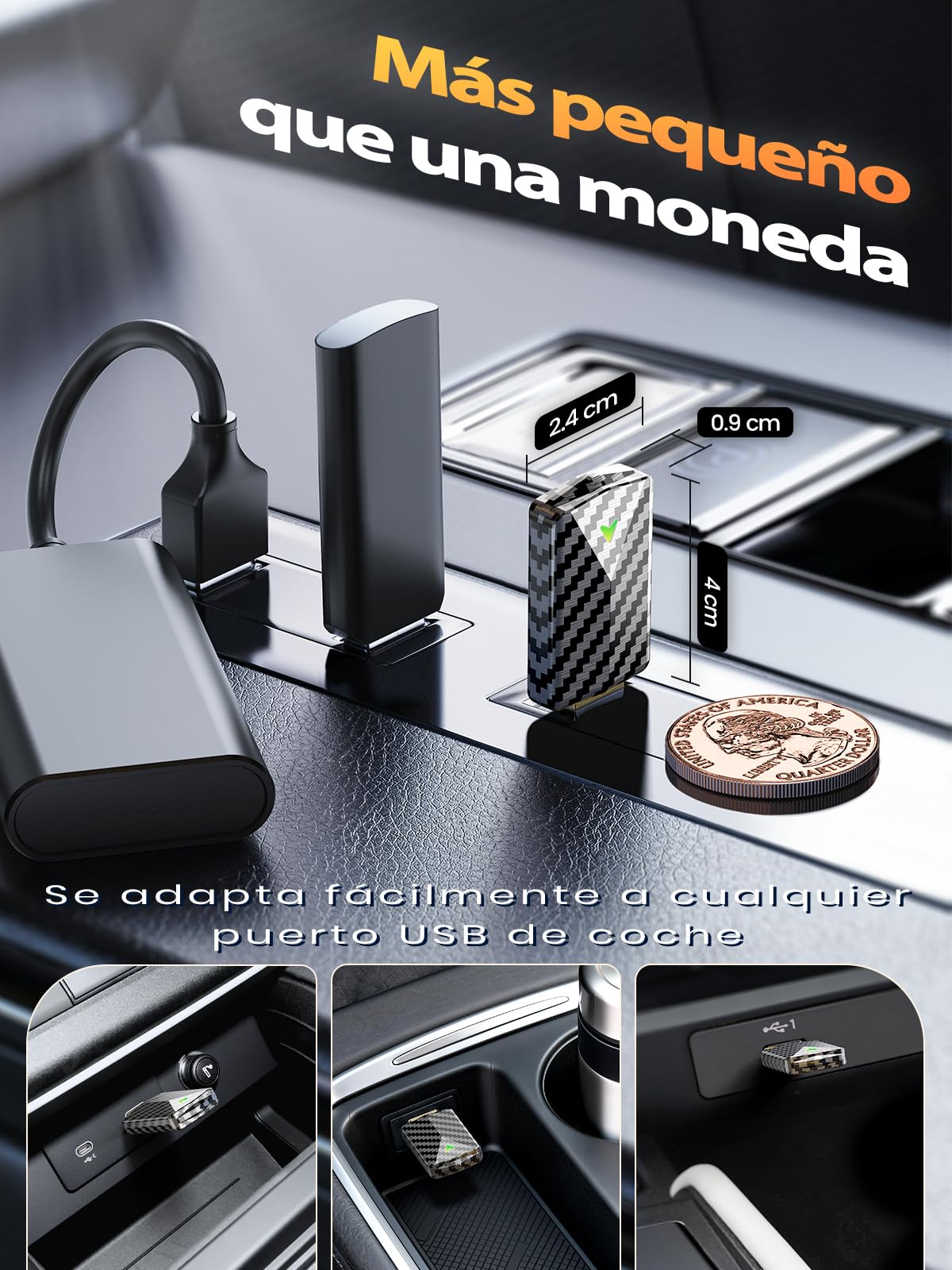 Mini Adaptador CarPlay Inalámbrico y Android Auto Inalambrico, Diseño Fibra de Carbono, USB-A/C Metálico, Sin Latencia, Conexión Estable, Compatible con iPhone iOS 10+ y Android 10+