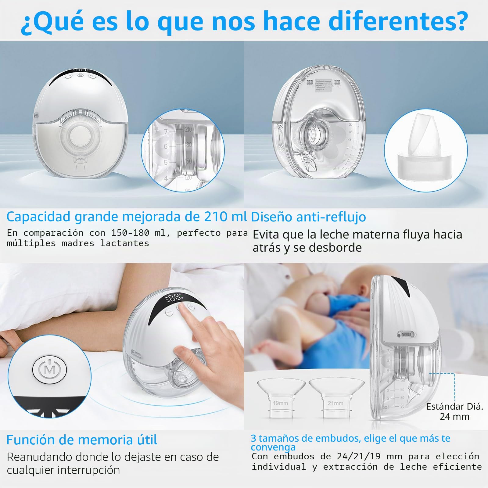 eSynic Extractor de leche materna portátil manos libres de 210 ml, 4 modos y 12 niveles, bomba de lactancia materna inalámbrica con brida de 24/21/19 mm, pantalla LED a prueba de fugas, sin BPA
