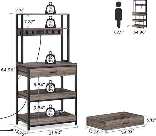 Miniatura 2 de Tribesigns Estante para panaderos con tomas de corriente, estante de almacenamiento de cocina de 5 niveles, soporte para horno de microondas con