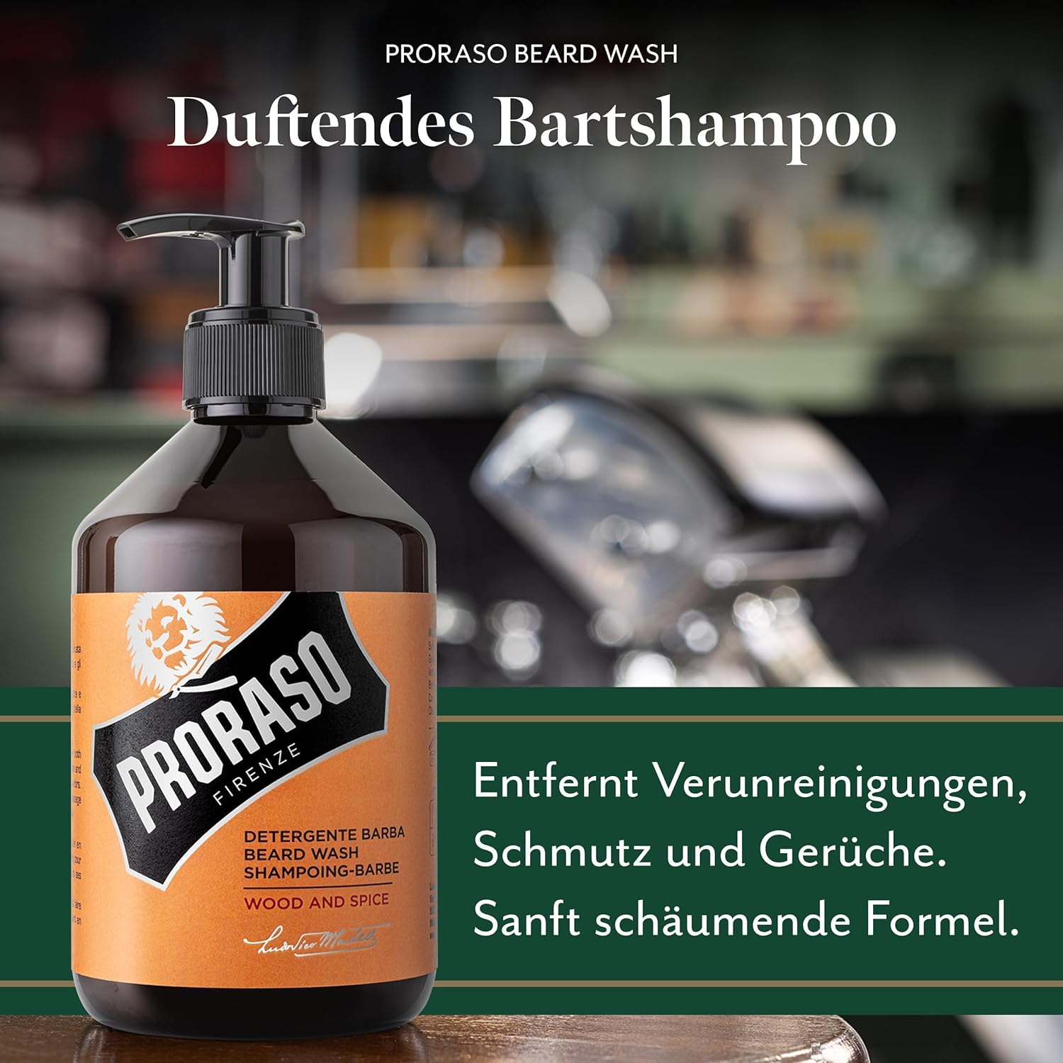 Proraso Beard Wash Wood & Spice, 500ml, duftendes Bartshampoo reinigt, pflegt und erfrischt Bart & Haut, Waschgel entfernt Verunreinigungen sanft, Made in Italy