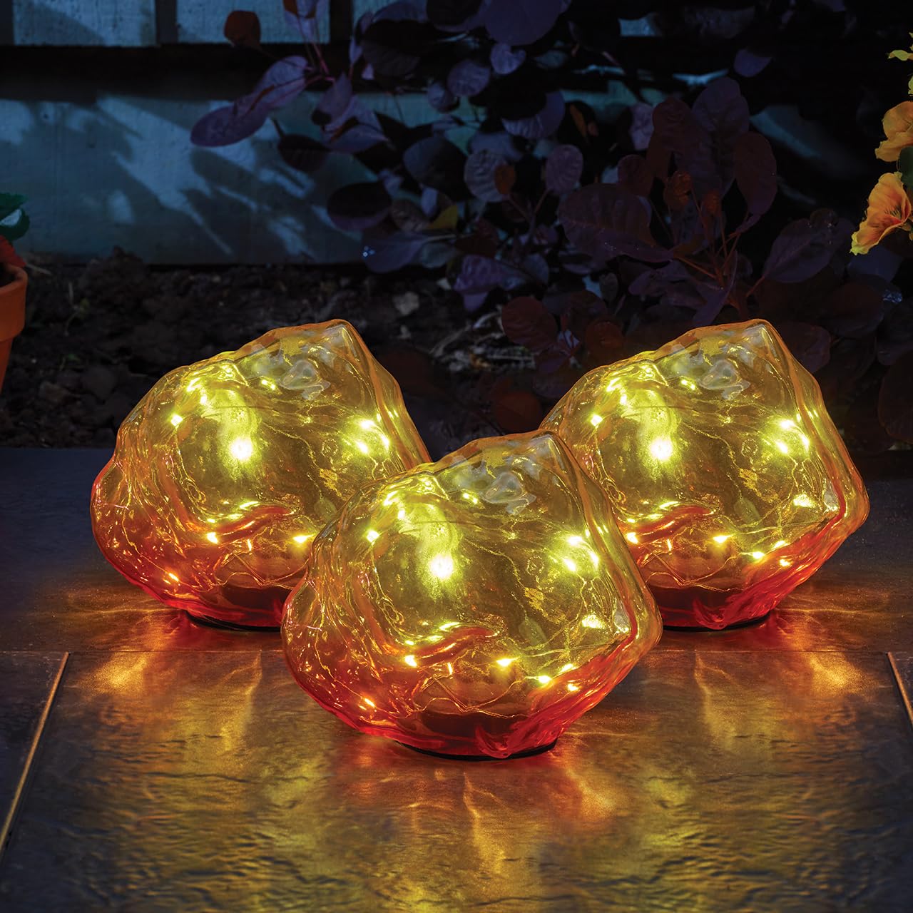 Set of 3 Solar Powered Stone Lights – Yellow & Orange Decorative Glass Rock Decorations with 15 Cool White LEDs for Patio, Decking, Border, Pathway, Lawn, Wall, Balcony, Yard – Each H12 x W14 x D13cm