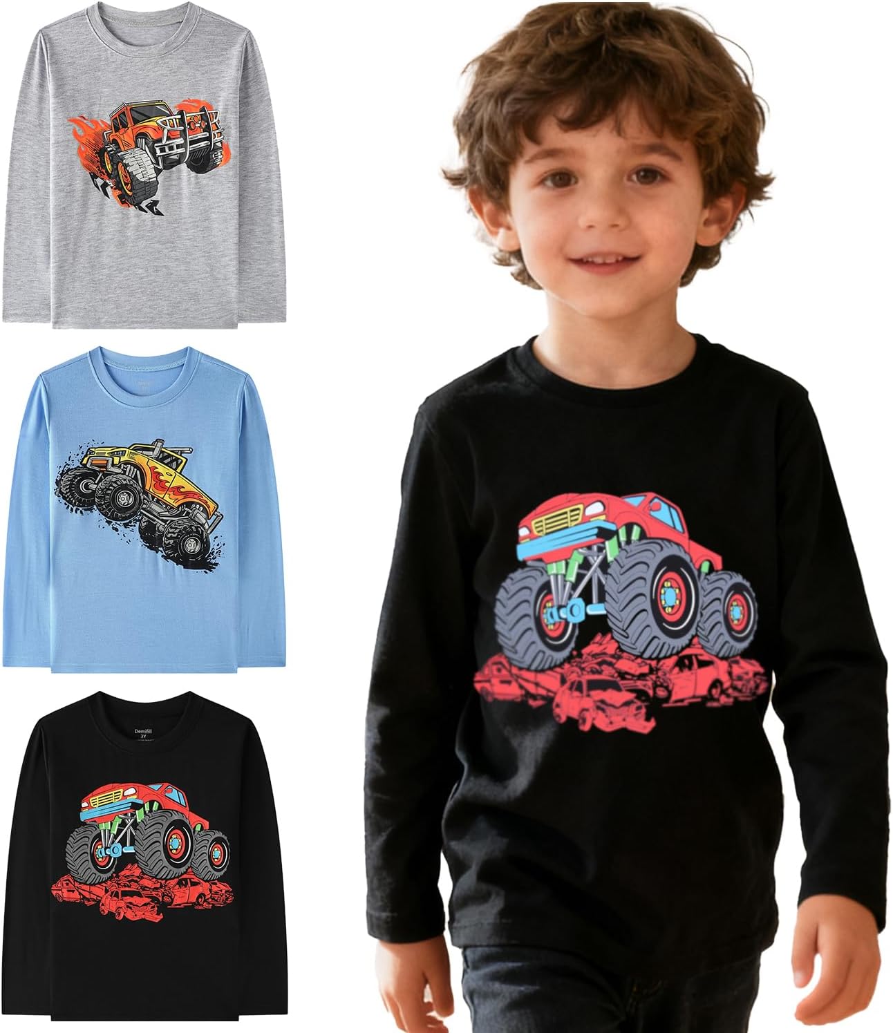 Demifill Toddler Boys Dinosaur Long Sleeve T-Shirts Crew Neck Truck T-Shirts Size 2-10Years Pack of 3 Multipack