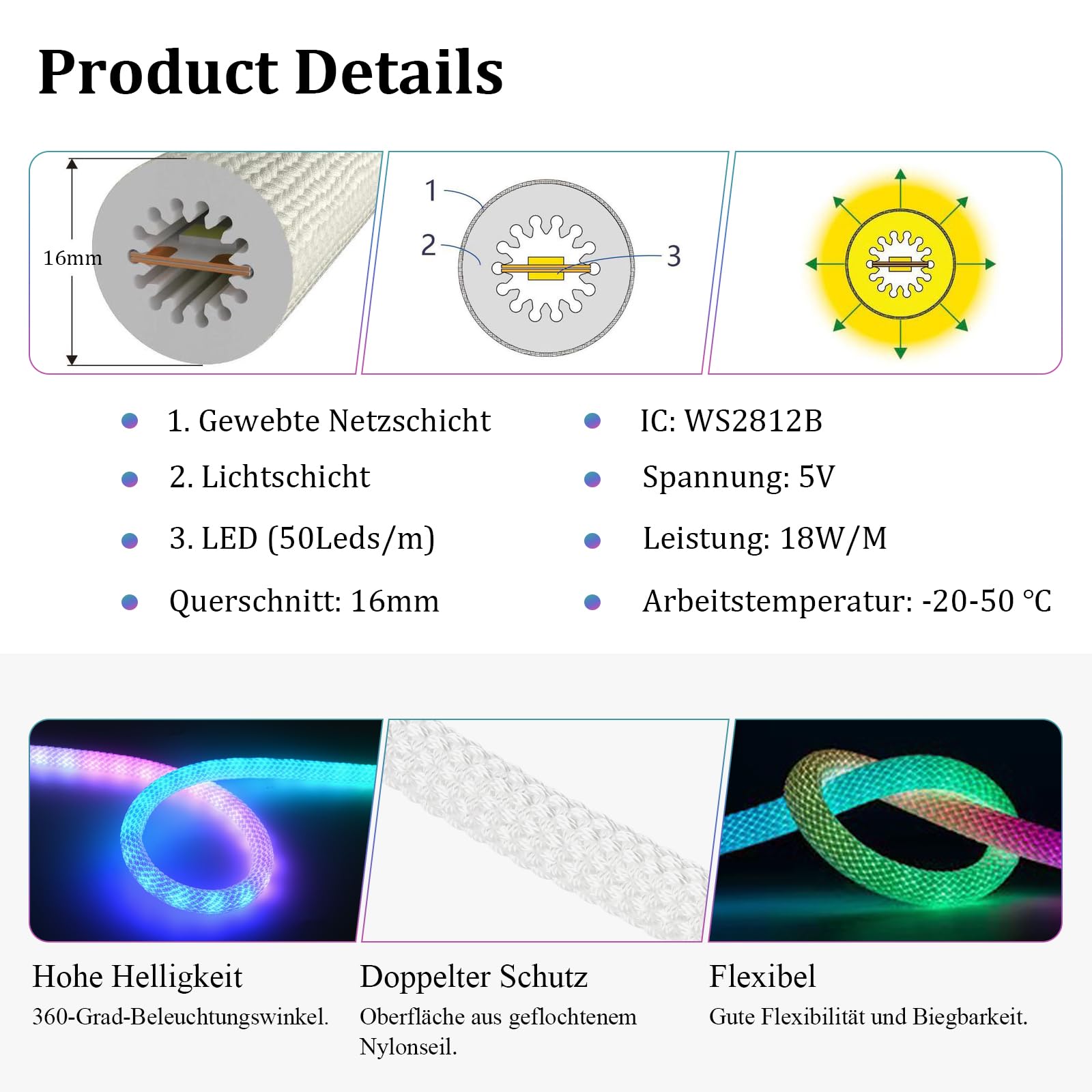 Tira LED de neón USB RGB+IC, 5 m, Bluetooth Neon LED Strip RGBIC regulable banda LED exterior IP65 resistente al agua, 50 LED/M, control por aplicación, iluminación de 360°, tira LED para exterior e