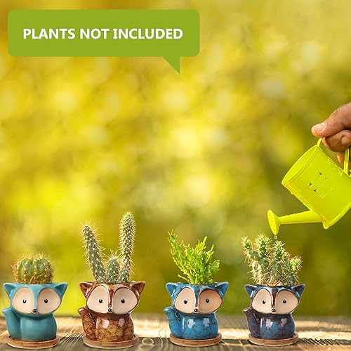 Miniatura 5 de 4 macetas de cerámica de dibujos animados con orificio de drenaje y bandeja de bambú, macetas de cerámica para suculentas para el hogar, oficina,