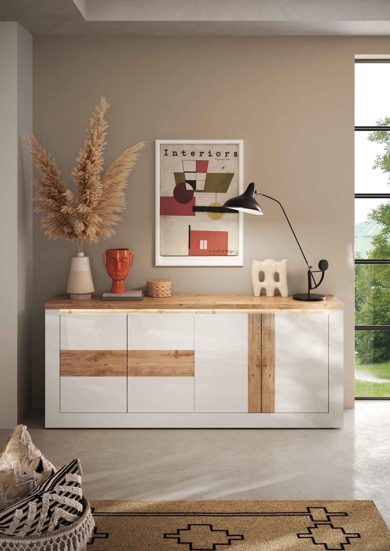 REDÒKASA Madia 4 ante Bianco/Cadiz Linea ISCHIA L 210 x H 84 x P 44, realizzato in legno 100% MADE IN ITALY, design moderno per cucina, sala da pranzo, soggiorno (Bianco/Cadiz)