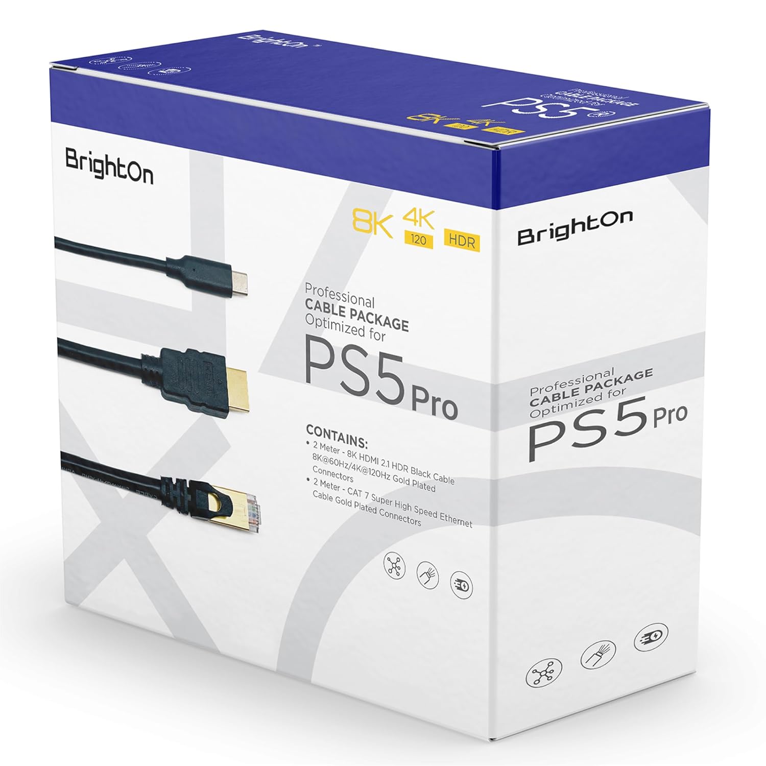 BrightOn - Optimized Set Compatible with PS5 PRO | 8K HDMI 2.1 HDR 8K@60Hz/4K@120Hz Gold Plated | CAT 7 Super High Speed Gold Plated | Fast Charge Cable (PS5 PRO)
