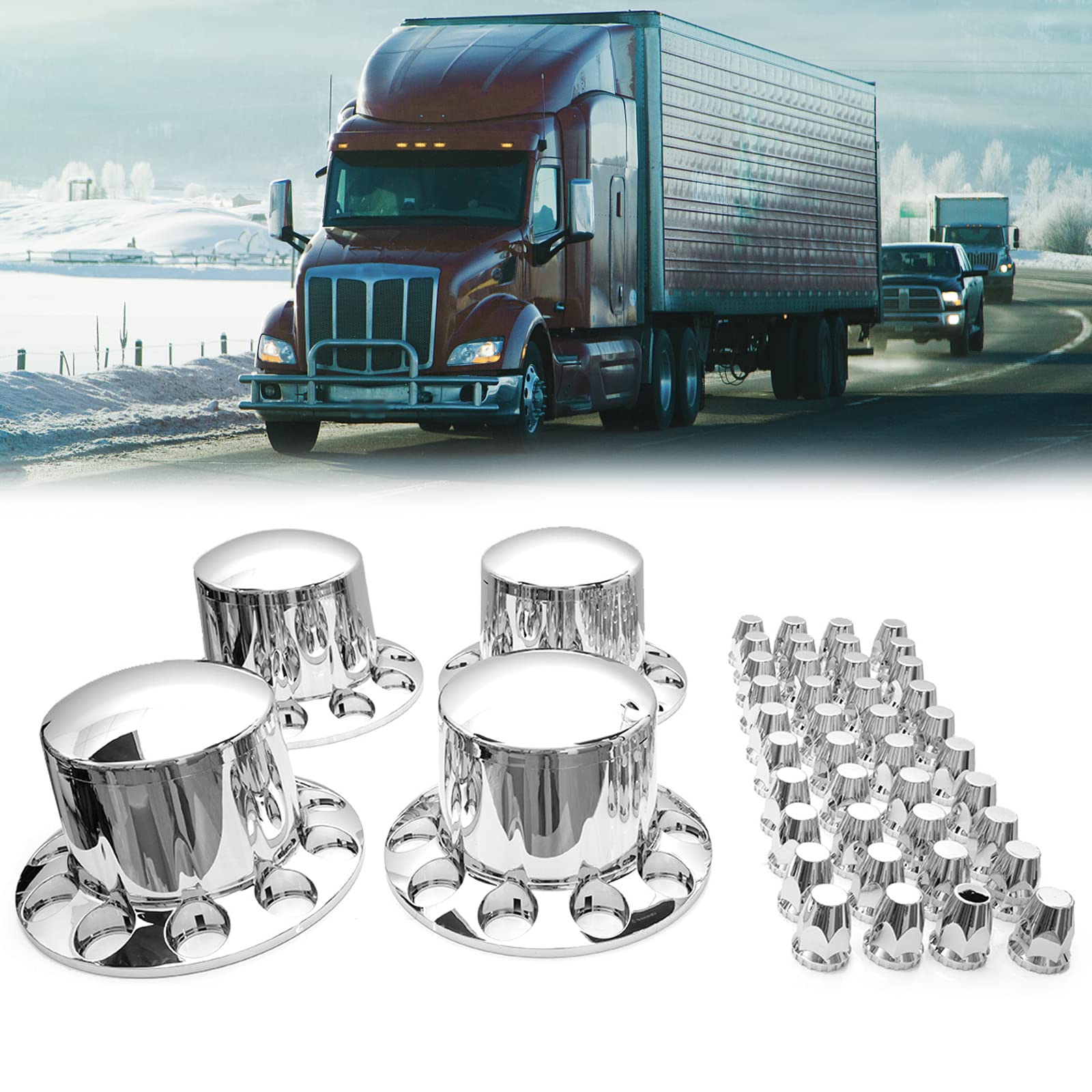 SEPEY 33 mm Standard Axle Cover Set Chrome Rear Axle Complete Wheel Cover Set Removable Hub Caps Screw-on Lug Nut Covers for Semi Truck (4 Rear)