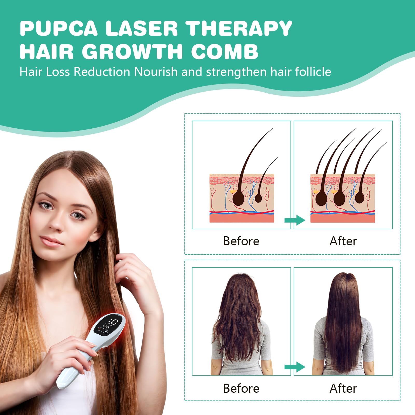 Peinado de crecimiento del cabello láser, tratamiento de crecimiento del cabello rojo y brillante para hombres y mujeres, crecimiento del cabello con masajeador eléctrico del cuero cabelludo